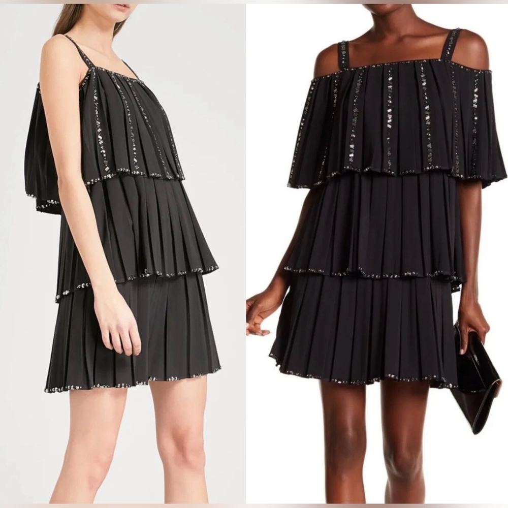 TED BAKER Meltea Embellished Black Tiered Dress US Size 6 Or$439 Flutter Sleeves